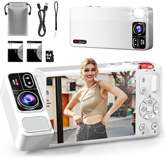 Digital Camera, 4K 64MP Camera for Photography, 270° Flip Screen Vlog Camera, Auto Focus, Flash, 18x Zoom, 2 Batteries, 64GB Card, Point and Shoot Digital Camera Kids Teens White