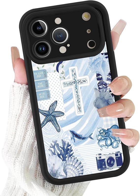 クリスチャン クロス サマー コラージュ 貝殻 弓 電話ケース iPhone 17 Pro Max 聖書 イエス ブラック ケース 17.5 cm、かわいい 美的 デザイン ガーリー 女性 男性 カバー 耐衝撃 ソフト スリム TPU 保護 Funda