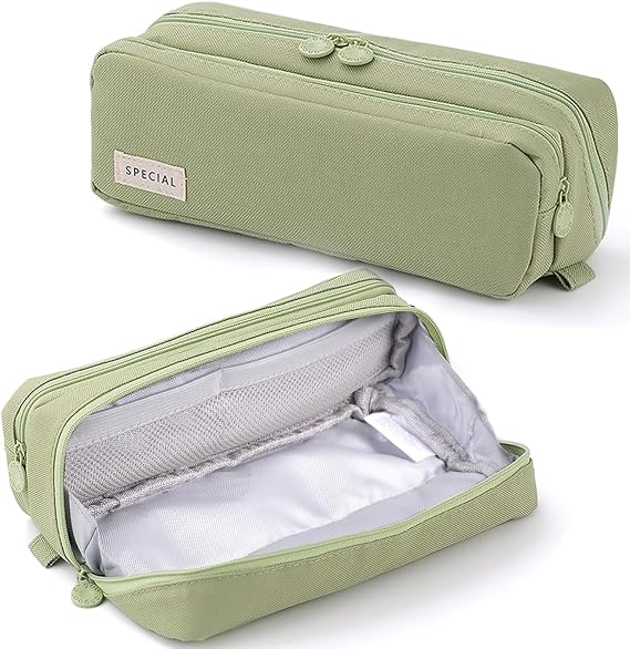 Pencil Pen Case Large Capacity Pencil Pouches Bag with Extendable Big Compartments, Double Zipper Green Pencil Pouch Organizer Bag School Office Aesthetic Supplies for Girls Boys Adults