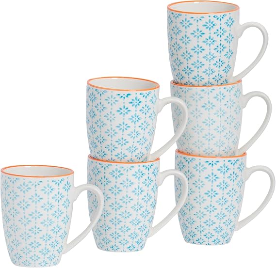 Nicola Spring Hand-Printed Mug - 330ml - Blue - Pack of 6 - Stoneware Hot Chocolate Cups Tea & Coffee Mugs for Kitchens, Cafes & Restaurants