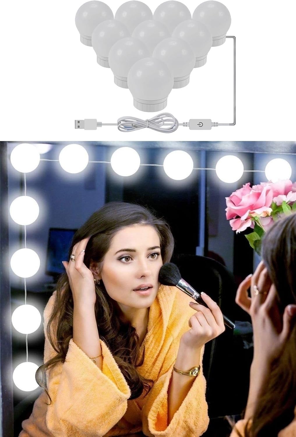 Buffer Nostalgia Hollywood Style 10-Piece Makeup Desk Mirror White Led Light Lamp USB