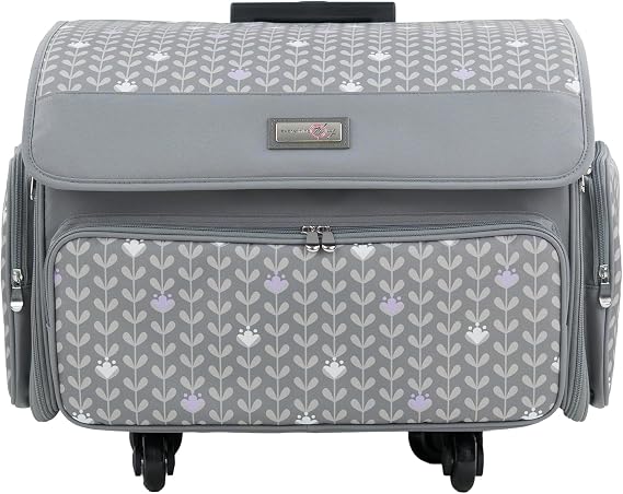 Everything Mary 4 Wheel Collapsible Deluxe Sewing Machine Storage Case, Purple Floral - Rolling Trolley Carrying Bag Compatible with Brother, Singer, and Most Machines