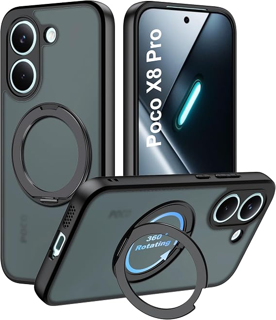 for Poco X8 Pro ケース スタンド付き PC素材、傷防止、滑り止め-ブラック
