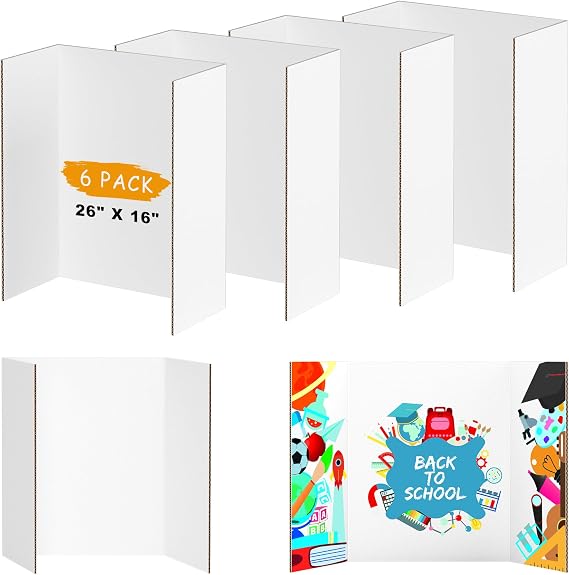 AKONEGE 6 Pack White Tri-Fold Display Board 400x666mm Foldable Presentation Poster Board, Corrugated Cardboard for Business & School Projects, Science Fair Display, Art Exhibits