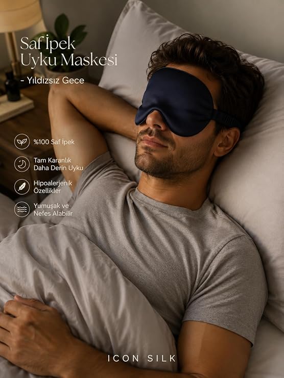 ICON SILK%100 Saf İpek Uyku Maskesi Göz Bandı (Yıldızsız Gece)