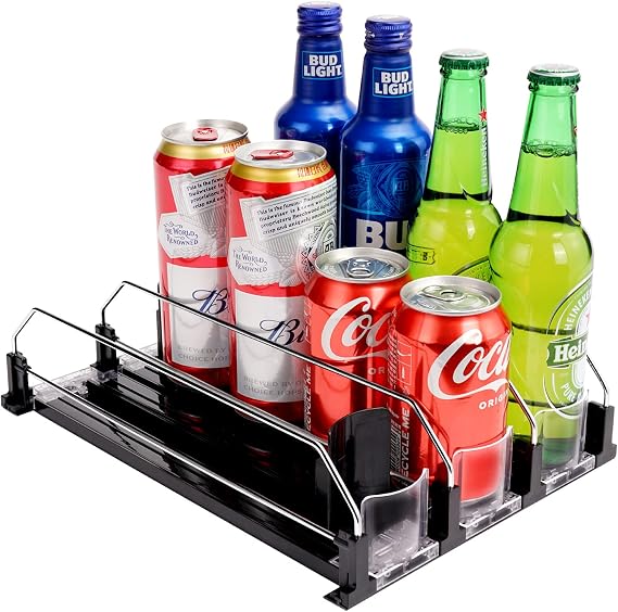 Drink Dispenser for Refrigerator, Self-Pushing Soda Can Organiser for Fridge, 3 Rows has been Assembled, Automatic Can Organiser with Spring Loaded for Refrigerator Holds 12 cans, Black