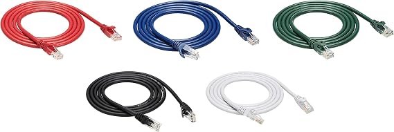 Amazon Basics Cat6 Snagless RJ45 Ethernet Cable, 1.5m (Pack of 5), Black/Red/Blue/White/Green