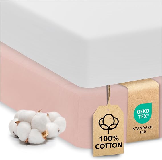 コットンベビーベッドシーツ 2枚パック – Sweety Fox Mini ボックスシーツ ベビー 男の子 女の子 ソフトジャージーニット ベビーベッドまたは幼児用ベッド用 白とピンク