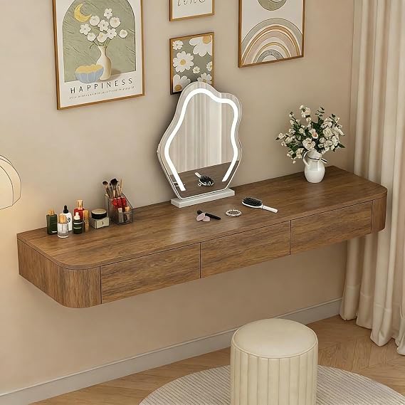 Floating Vanity Desk with Drawers, Wall-Mounted Space-Saving Dressing Table for Bedroom