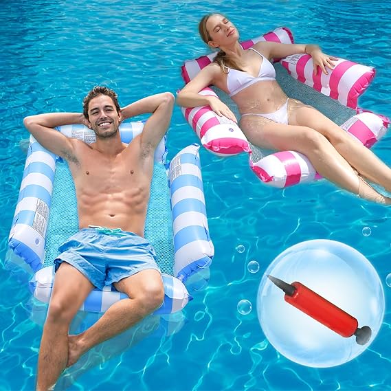 2 Pack Inflatable Pool Floats Hammock, 4-in-1 Multi-Purpose Portable Water Pool Floats with a Manual Air Pump, Pool Chairs to Beach, Swimming Pool, Exercise Saddle, Hammock, Drifter (Blue, Pink)