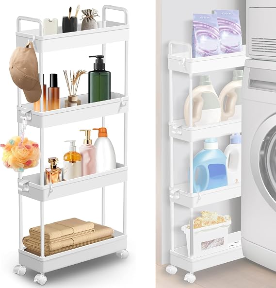 4 Tier Space Saving Storage Trolley on Wheels, Slide-out Rolling Utility Cart with Hooks Handles Lockable Wheels, Mobile Shelving for Book Beauty Craft Room Bathroom Office, 38.8 x 12.5 x 90.7cm,White