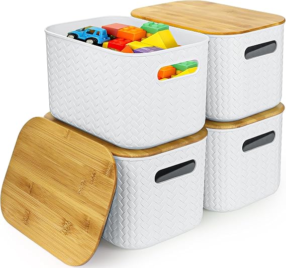4 Pcs Small Storage Boxes with Wood Lids, 6L Plastic Storage Basket, White
