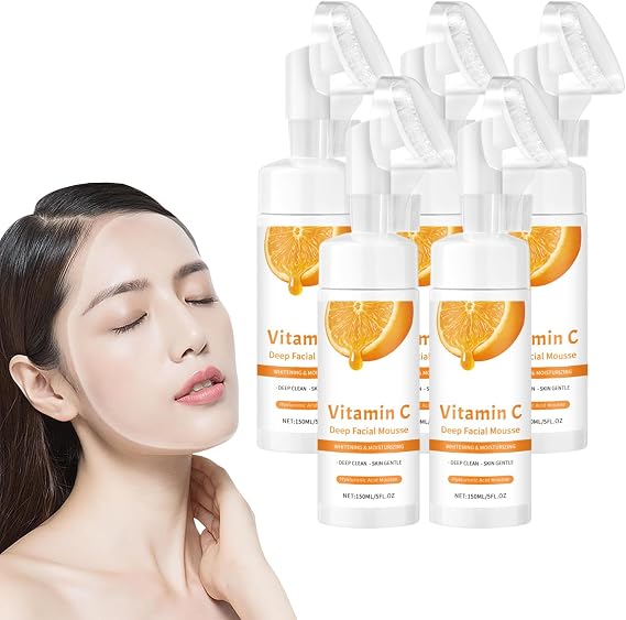 Vitamin C Foaming Face Cleanser with Coconut Water & Aloe Vera - Brightening Facial Wash for All Skin Types, Gently Cleanses Dirt & Makeup, Improves Uneven Skin Tone Appearance, 150ml (5 Bottles)