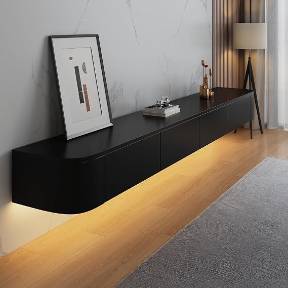 Wall Mounted TV Unit, Floating TV Stand Cabinet, Black Floating TV Cabinet with Doors in Media Wall Unit, Entertainment Storage TV Console for Living Room and Office (Black-LED, 140cm)