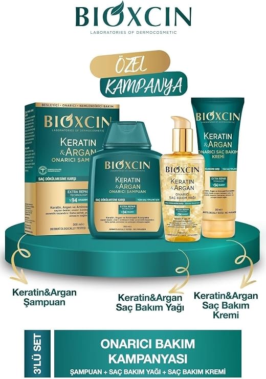 Bioxcin Keratin& Argan Onarıcı Şampuan 300 Ml+ Keratin Argan Bakım Yağı+ Saç Kremi
