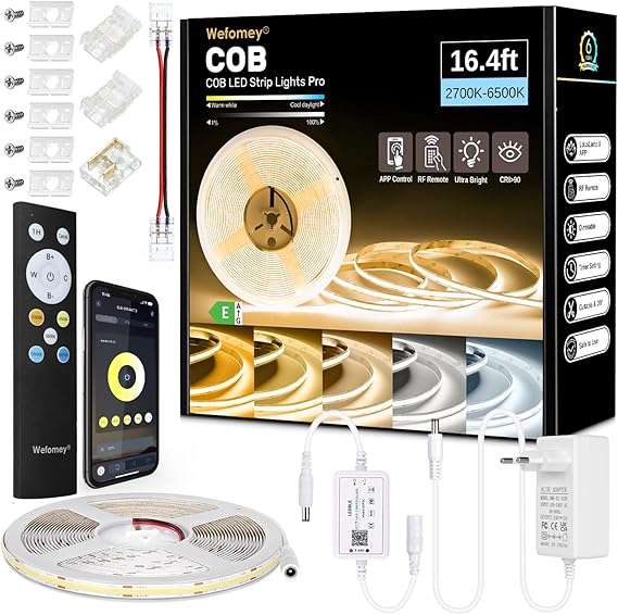 COB LED Strip 5 m App Control LED Strip Warm White Cool White 2700 K - 6500 K 24 V Dimmable Flexible LED Strip Set with Remote Control and Power Supply CRI 92 3100 LEDs for Living Room Stairs [Energy Class E]