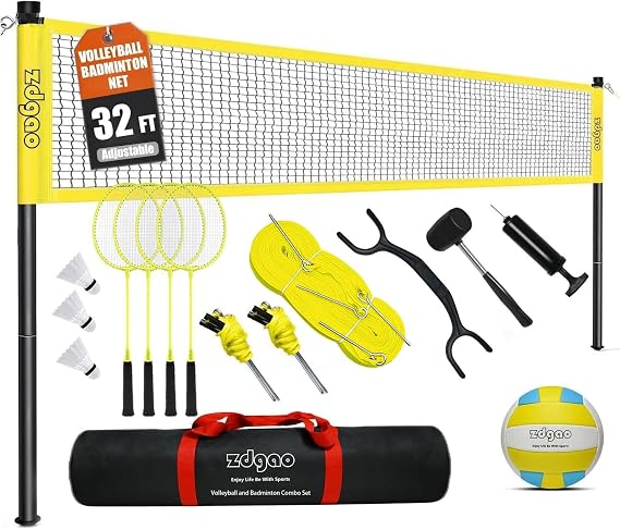 Zdgao Badminton & Volleyball Combo Set - Professional Volleyball Net for Lawn, Backyard, Easy Set up Volleyball Set with Carry Bag, Boundary Line | Come with Flying Discs for Family Fun
