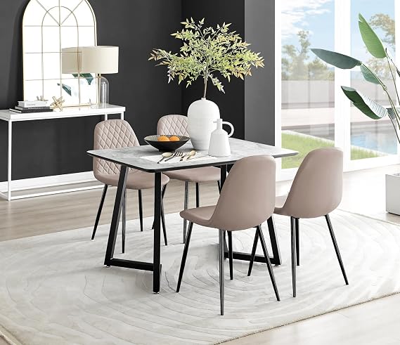 Furniturebox UK - White Marble Effect Melamine Dining Table & 4 Cappuccino Corona Black Leg Chairs
