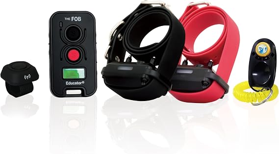 E-Collar Technologies FE-582B FOB教育者リモートドッグトレーニング首輪、中型大型犬用ハンズフリーボタン、2匹の犬、500ヤード範囲、防水、充電可能、調節可能なレベル、トーン&振動