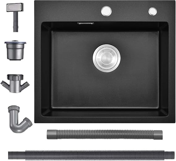 Black Kitchen Sink, 50x45cm Quartz Composite Kitchen Waste Kit, Drop in Topmount Sink Single Bowl, Deep Campervan with 2 Tap Holes and Siphon, Suitable for Workstation
