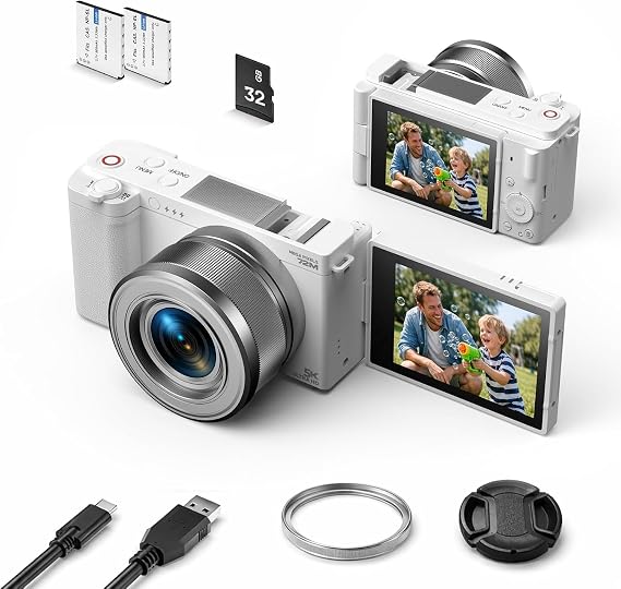 Digital Camera 5K 72MP Compact Camera with 6x Optical Zoom 2.8 Inch 180° Flip Screen Auto Focus Anti-Shake 32GB Memory Card and 2 Batteries for Vlogging and Travel Recording