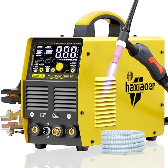 Haxiaoer Aluminum TIG Welder AC/DC 240V with Pulse, [Large LED Display] 200A Digital Inverter AC Pulse TIG/AC TIG/DC Pulse TIG/HF TIG/ARC Welding Machine HXT200P AC DC Pro (Yellow, 200A ac dc)