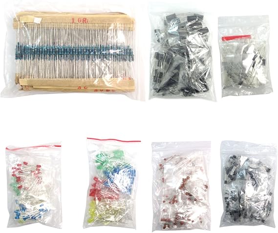 DollaTek Electronic Components Package(Total 1490 PCS) - LED Diodes, 30 Values Resistors,Electrolytic Capacitor Package, Ceramic Capacitors kit, Common Diodes, Common Transistor
