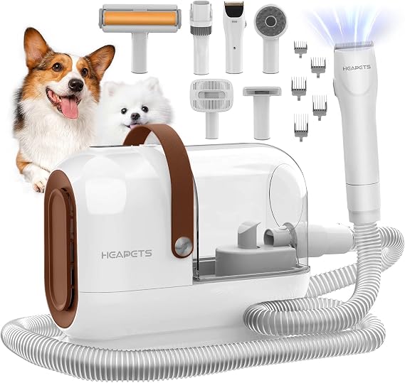 HEAPETS Dog Grooming Vacuum Kit - 3L Vacuum with 7 Tools, Low Noise Electric Clipper and Brush for Pet Shedding at Home, White