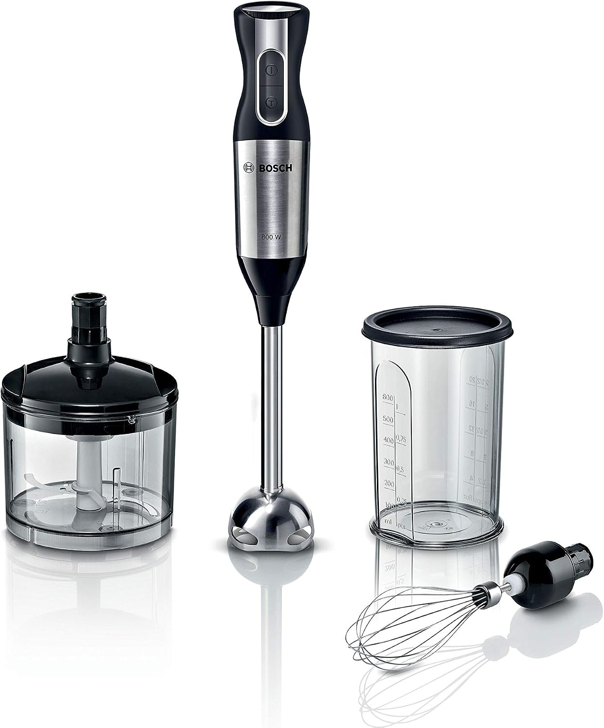 Bosch ErgoMixx Style MS6CM4150 hand mixer, stainless steel mixing leg, mixing and measuring cup, whisk, 4-blade blade, ergonomic design, 12-stage plus Turbo, 800 W, stainless steel