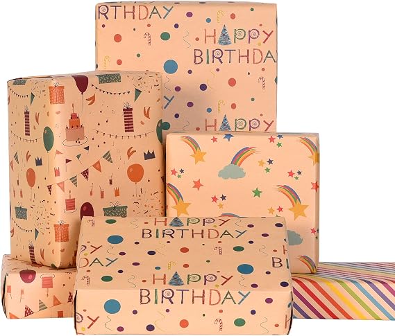PlandRichW Birthday Wrapping Paper for Kids Girls Women Boys Men,12 Sheets Kraft Brown Recycled Gift Wrapping Paper 4 Styles of ''Happy Birthday'' Balloon Rainbow Stars Precut 20" X 29" Folded