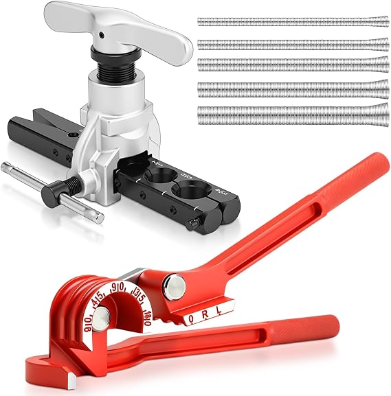 7 Pcs Eccentric Tubing Flaring Tool Kit 7 Dies for 3/16-3/4 inch, 3 in 1 180 Degree Tubing Bender, Spring Tube Bender Set for Pipe 1/4 5/16 3/8 1/2 and 5/8 Inch for Refrigeration Brake Line