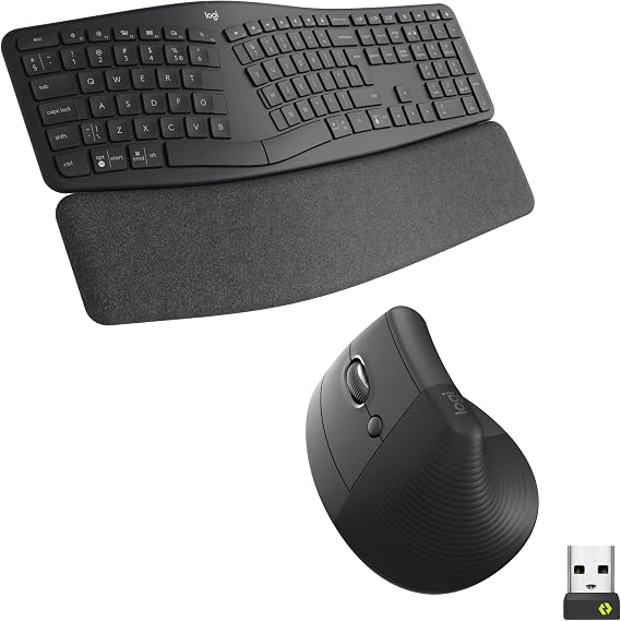 Logitech ERGO K860 Split Wireless Keyboard with wrist support and Lift Left Vertical Ergonomic Mouse, Left-handed, Bluetooth, USB receiver, Quiet, Windows/macOS/iPadOS, Laptop, PC, QWERTY UK - Grey