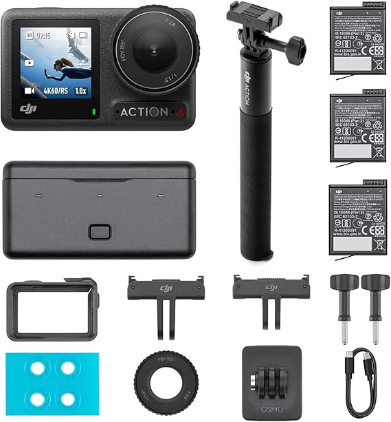 DJI Osmo Action 4 Combo - 4K/120fps Waterproof Action Camera with a 1/1.3-Inch Sensor, 155° FOV,10-bit & D-Log M Color Performance, Outdoor Camera (Osmo Action 4 Adventure Combo)