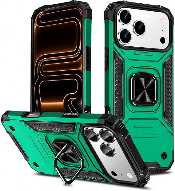 iPhone 17 Pro Max用ケース、高耐久ミリタリーグレード耐衝撃保護フォンケース、iPhone 17 Pro Max用リングキックスタンド付き、回転可能、頑丈なバンパー保護カバー iPhone 17 Pro Max用、グリーン