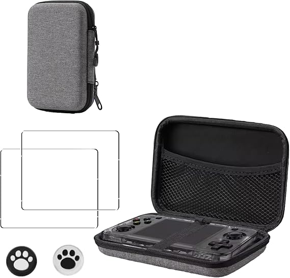 KUSINHOKA Case for R36S/RG35XX/RG353V + [2 Pack] Screen Protector with 2 Thumb Grip Caps,Shockproof and Waterproof Hard Carrying Case Multi-Function Storage Carrying Universal Travel Case for,Gray