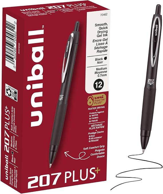 uniball™ 207 Plus+ Gel Pen, Black Ink, 0.7mm Medium Point, 12 Count
