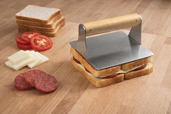 304 Paslanmaz Çelik Kare Burger Presi | 12 cm Ahşap Saplı Smasher | 3 mm Kalın Paslanmaz Çelik Gövde | Izgara ve BBQ Aksesuarı