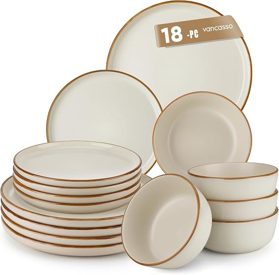 vancasso RENO Complete Dinnerware Set 6 People, 18 Stoneware Pieces Dinnerware – 6 Dinner Plates, 6 Dessert Plates and 6 Bowls – Glazed Reactive in Light Beige, Dishwasher/Microwave Safe