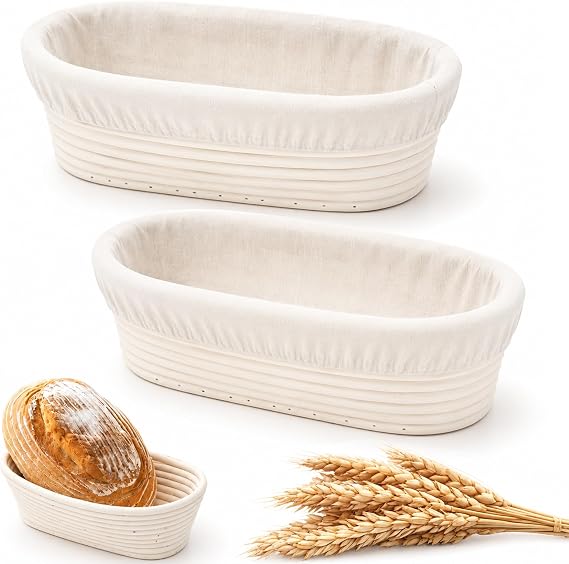2Pcs Banneton Proofing Basket 25cm/10 inch Oval Bread Proofing Basket with Linen Liner Natural Rattan Sourdough Baskets Tool for Professional and Home Bakers Making