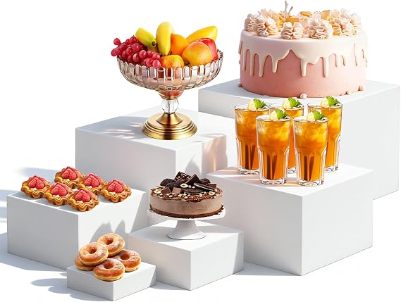 Dessert Table Display Set, 6PCS Buffet Risers White Food Display Stand with Hollow Bottoms Nesting Dessert Stands Acrylic Display Box for Wedding Cake Table Buffet Party