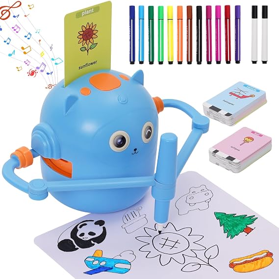Drawing Robot for Kid Educational Drawing Robots Toy with 100 cards Interactive Educational Toy for Children Montessori Painting Learning Toy for Kids 3+ Blue