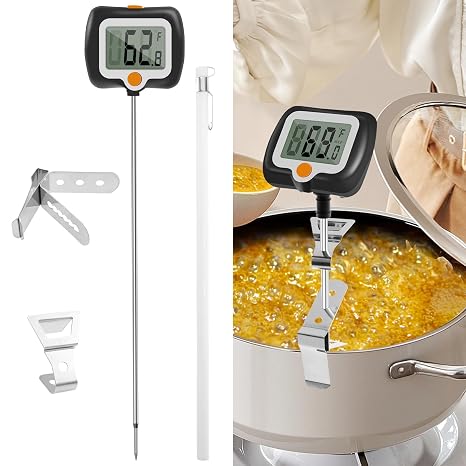 Digital Sugar Thermometer, Food Thermometer with Instant Display, Chocolate Thermometer with Stainless Steel Probe and 180° Rotating LCD Display, for Chocolate Creams, Sauces, Jam and Syrups