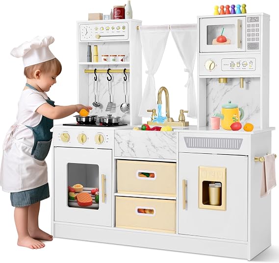 Kids Wooden Kitchen, Large Pretend Play Kitchen Toys with Sound and Light
