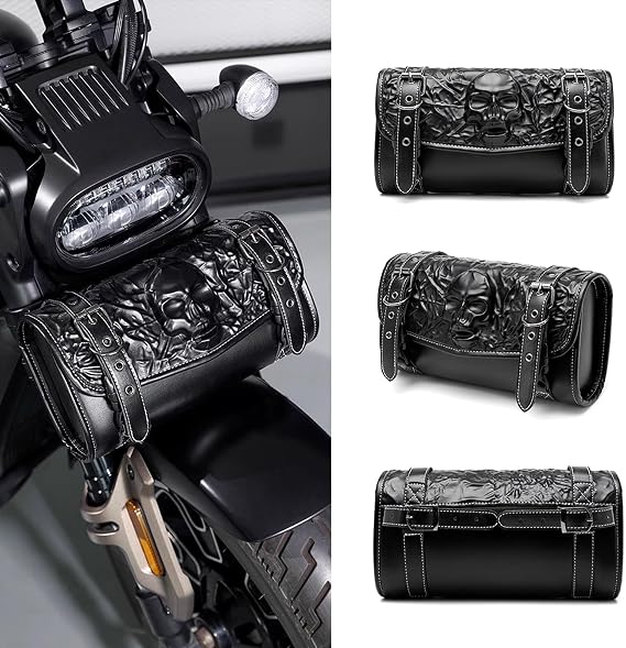 Motorcycle Tool Fork Bag PU Leather, Universal Handlebar Bag Skull Design, Front Fork Sissybar Storage Pouch, Waterproof Retro Motorcycle