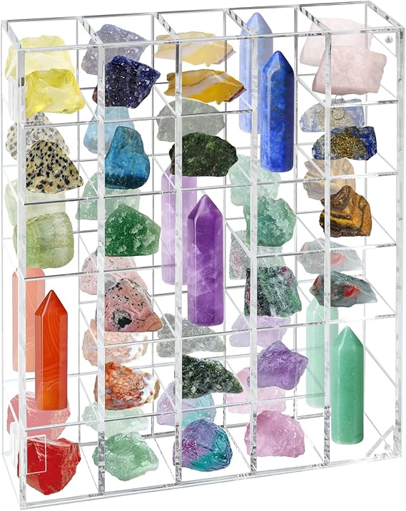Acrylic Rock Display Case, 6 Tier Clear Adjustable Stones Display Case with Mirrored Back, Wall Mounted or Desktop Dustproof Cabinet Box for Collectibles Mineral Crystal Mini Toys (28x6.5x32.7cm)