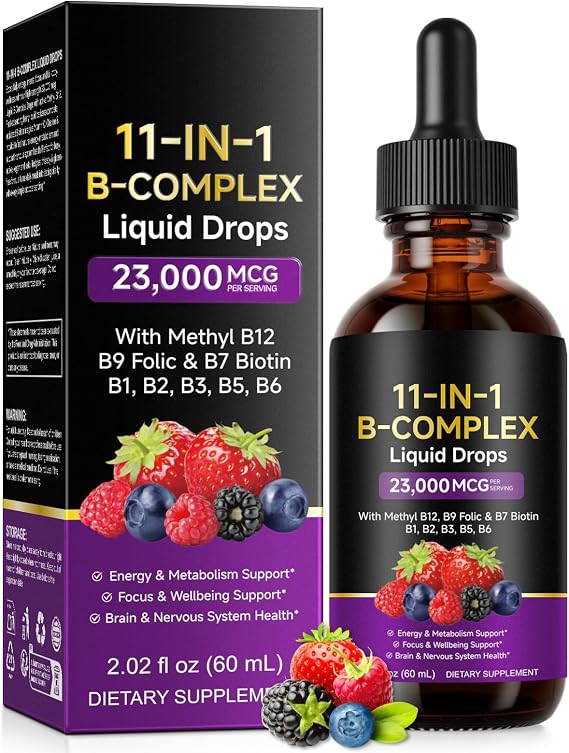 Vitamin B Complex Liquid Drops - High Strength 11-in-1 B Vitamins with Vitamin C, Choline, Complex Liquid Supplement Supports Energy, Brain Function & Heart Health B Complex Vitamins 60ml