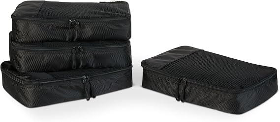 Amazon Essentials 4-Piece Packing Cubes Travel Accessories Set, Luggage Organiser with Double Zip, Mesh Top, 100% Polyester, Medium, Black (Previously Amazon Basics)