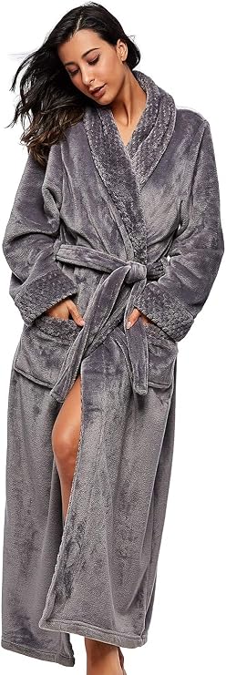 BELLOO Soft bathrobe long women's winter dressing gown flannel sauna robe with shawl collar pocket