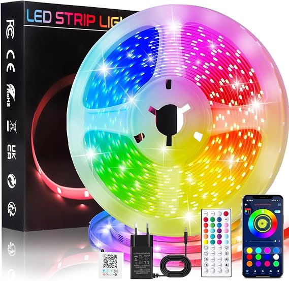 LED Strip 10 m Bluetooth Smart App Self-Adhesive LED Strip with Remote Control Suitable for Timer RGB Setting in Family Parties Banquets Rooms and Other Places [Energy Class A]