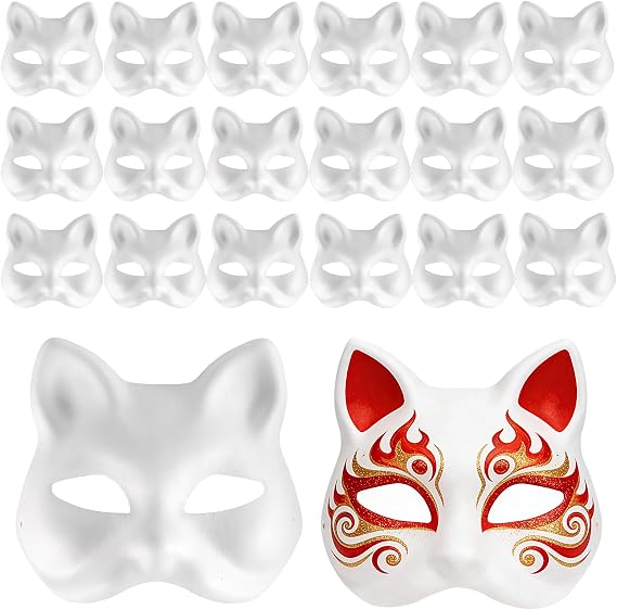 20 Pcs Cat Masks, White Paper Fox Anime Mask Blank Half Face Cat Masks for DIY Painted, Carnival, Cosplay, Halloween, Masquerade
